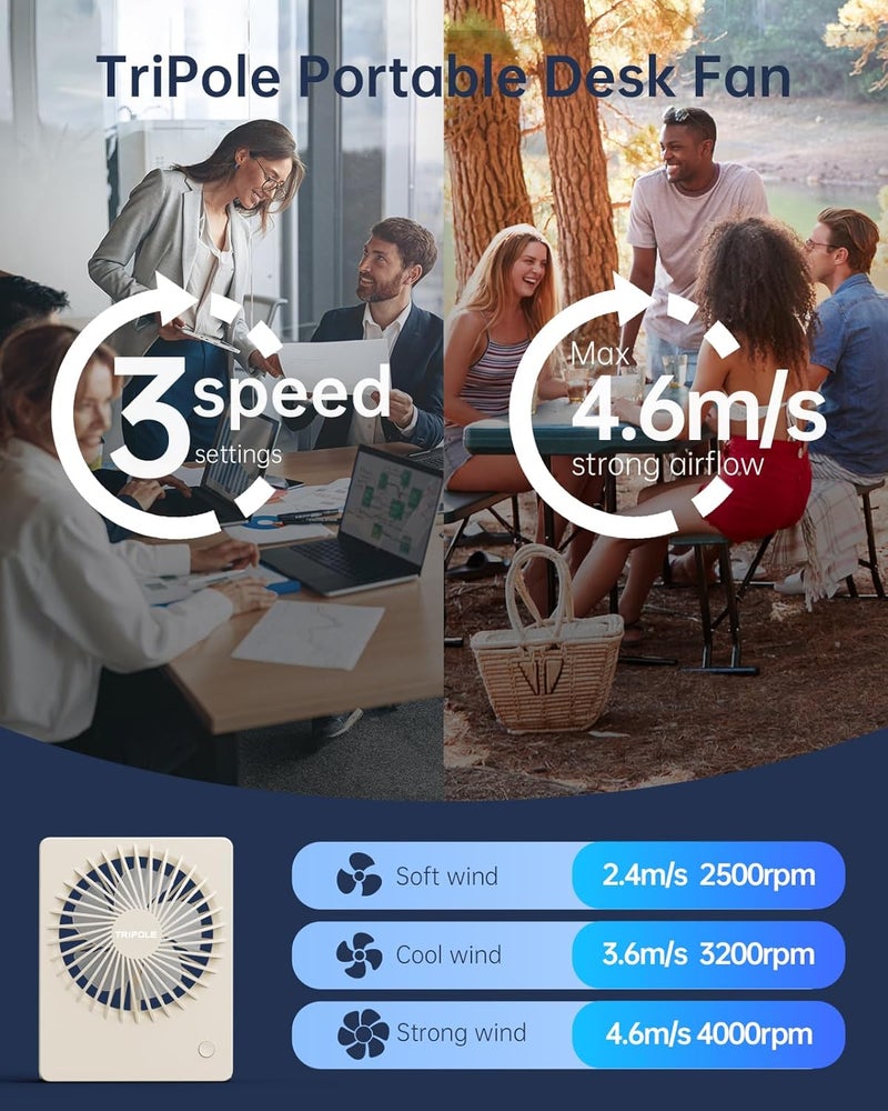 TriPole Mini Desk Fan USB Powered Portable Fan Small Personal Fan 3 Speeds Strong Airflow Table Fan for Travel Home Office Bedroom Desktop, 3.3ft Cable (No Battery, Beige) - Image 5